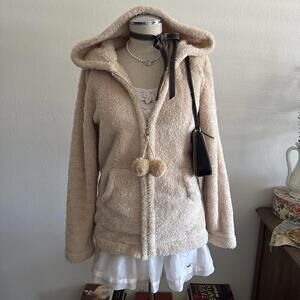 Cream fuzzy zip up hooded jacket